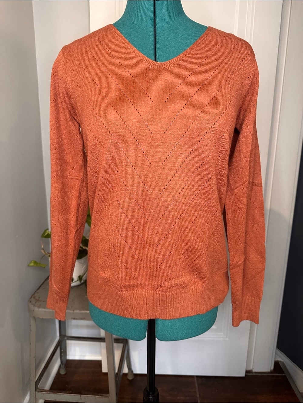 WIHOLL V-Neck Knit Sweater small rust Long Sleeve Lightweight Pullover